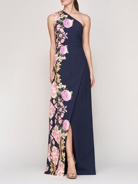 Kay Unger Navy One-Shoulder Floral Evening Gown with Pink and Yellow Accents
